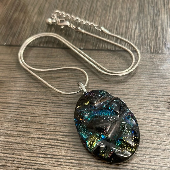 Dichroic Glass Quilted Glass Pendant & Chain - Picture 1 of 15